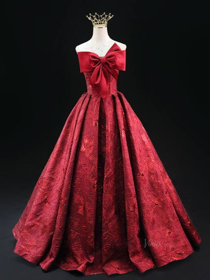 Red Jacquard Prom Dresses with Bow, Corset Back, Strapless Quinceanera Dresses SU034-prom dresses 2025 -Viniodress-Red-Custom Size-