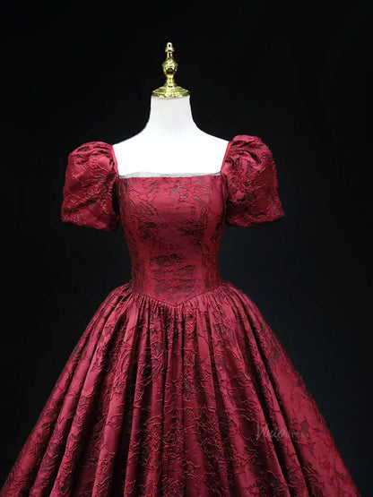 Red Jacquard Prom Dresses with Puffed Sleeve, Square Neck, Quinceanera Dresses SU044-prom dresses 2025 -Viniodress-Red-Custom Size-