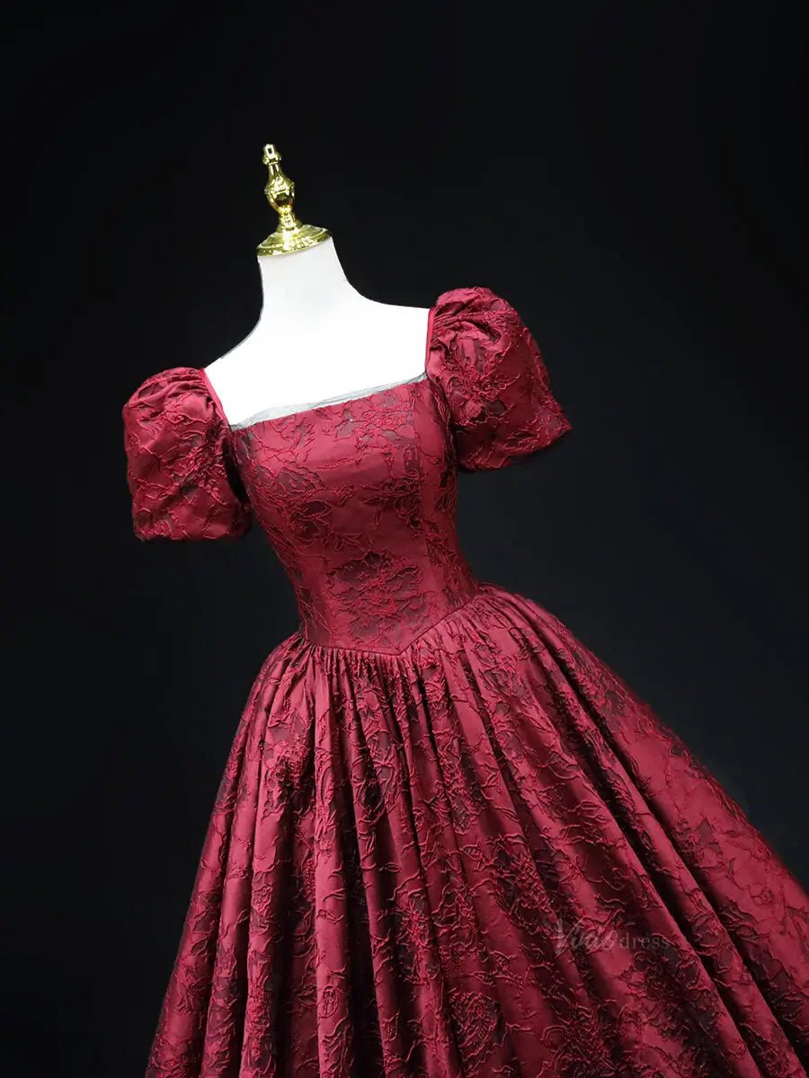 Red Jacquard Prom Dresses with Puffed Sleeve, Square Neck, Quinceanera Dresses SU044-prom dresses 2025 -Viniodress-Red-Custom Size-