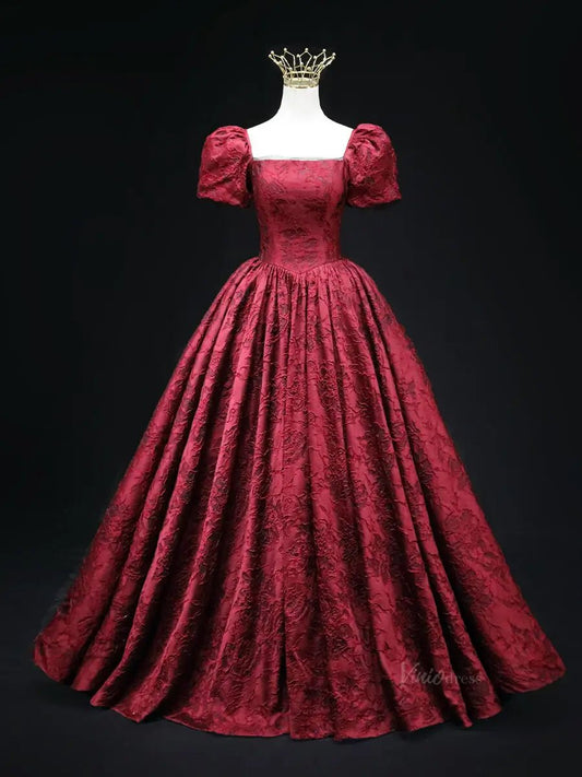Red Jacquard Prom Dresses with Puffed Sleeve, Square Neck, Quinceanera Dresses SU044-prom dresses 2025 -Viniodress-Red-Custom Size-