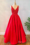 Red Lace Applique Cheap Prom Dresses Plunging V-Neck Satin Formal Gown FD4094