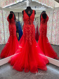 Red Lace Applique Mermaid Prom Dresses Sheer Bodice Plunging V-Neck FD4083
