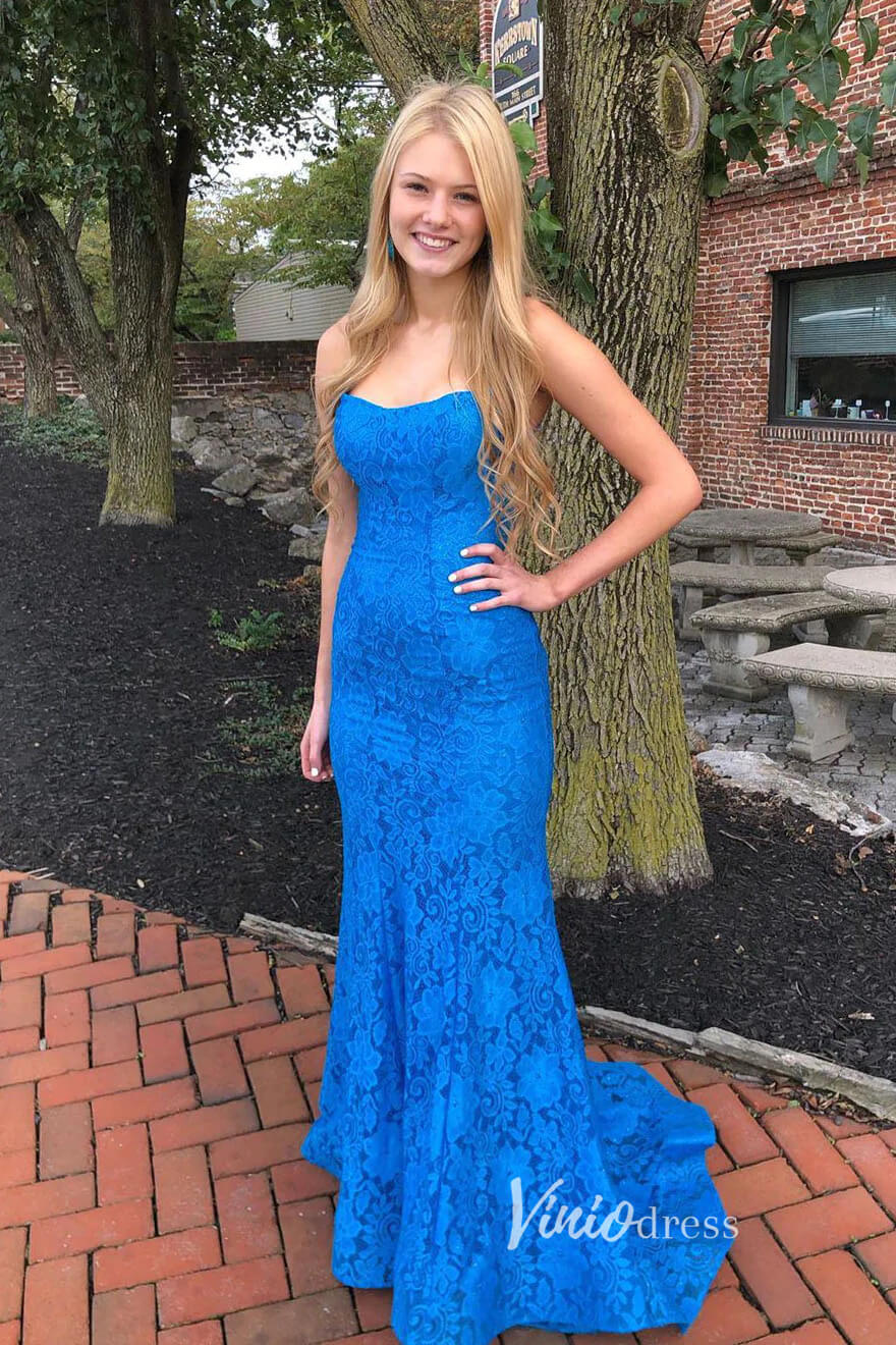 Red Lace Applique Prom Dresses Mermaid Spaghetti Strap Evening Dress FD3276-prom dresses 2025 -Viniodress-Blue-Custom Size-