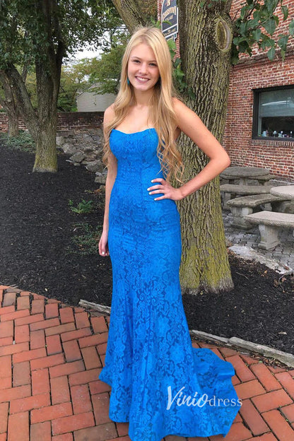 Red Lace Applique Prom Dresses Mermaid Spaghetti Strap Evening Dress FD3276-prom dresses 2025 -Viniodress-Blue-Custom Size-