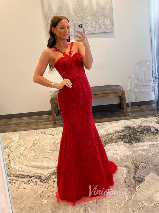 Red Lace Applique Prom Dresses Mermaid Spaghetti Strap Evening Dress FD3577-prom dresses 2025 -Viniodress-Red-Custom Size-