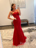 Red Lace Applique Prom Dresses Mermaid Spaghetti Strap Evening Dress FD3577