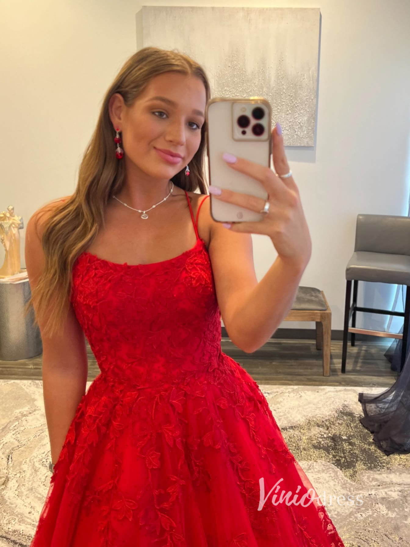 Red Lace Applique Prom Dresses Spaghetti Strap Evening Dress FD2929-prom dresses 2025 -Viniodress-Red-Custom Size-