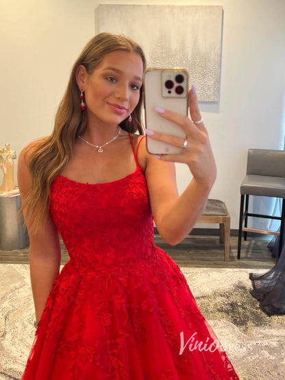Red Lace Applique Prom Dresses Spaghetti Strap Evening Dress FD2929-prom dresses 2025 -Viniodress-Red-Custom Size-