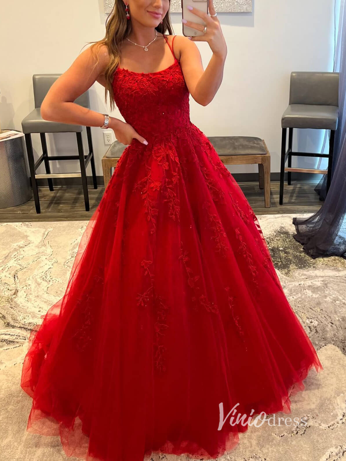 Red Lace Applique Prom Dresses Spaghetti Strap Evening Dress FD2929 Viniodress Red Lace Applique Prom Dresses Spaghetti Strap Evening Dress FD2929 Viniodress