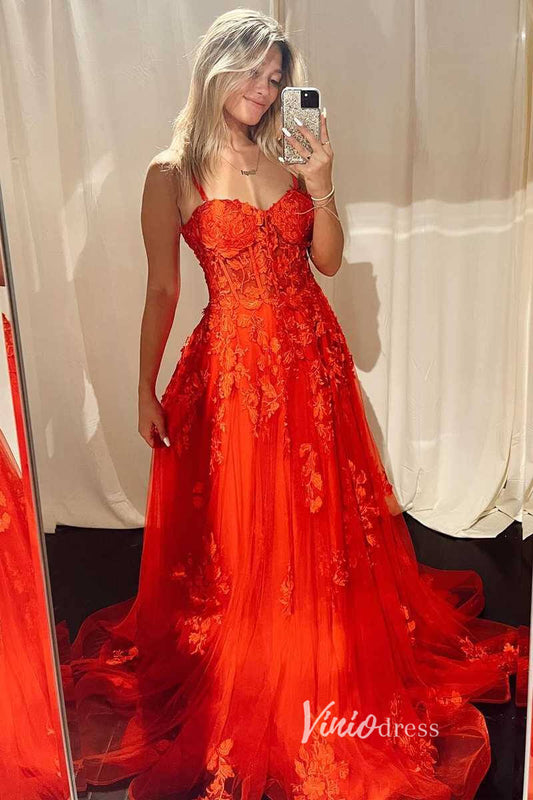 Prom Dress 2025 Red Lace Applique Prom Dresses Spaghetti Strap Formal Gown FD3273-unique prom dresses-Red-Custom Size-Viniodress