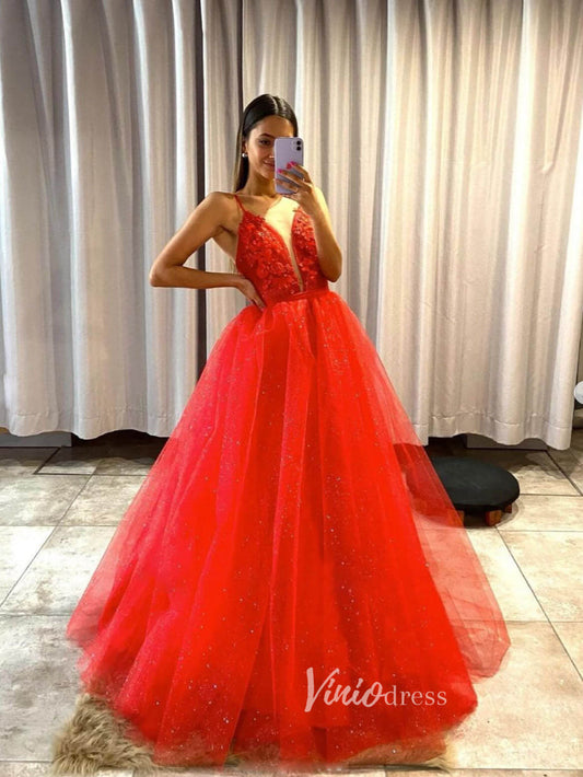 Red Lace Applique Prom Dresses Spaghetti Strap Plunging V-Neck Evening Dress FD3098-prom dresses 2025 -Viniodress-Red-Custom Size-
