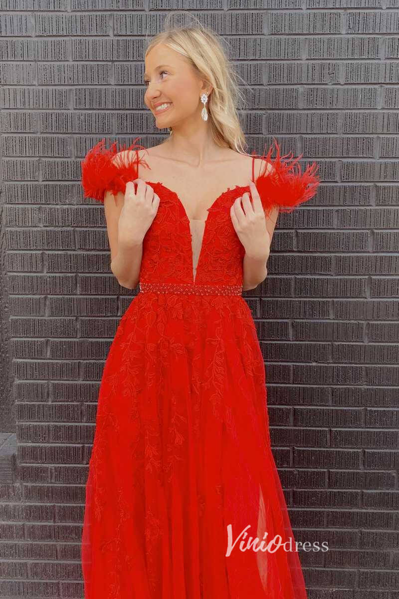 Prom Dress 2025 Red Lace Applique Prom Dresses with Slit Feather Plunging V-Neck Formal Gown FD1247D-unique prom dresses-Red-Custom Size-Viniodress