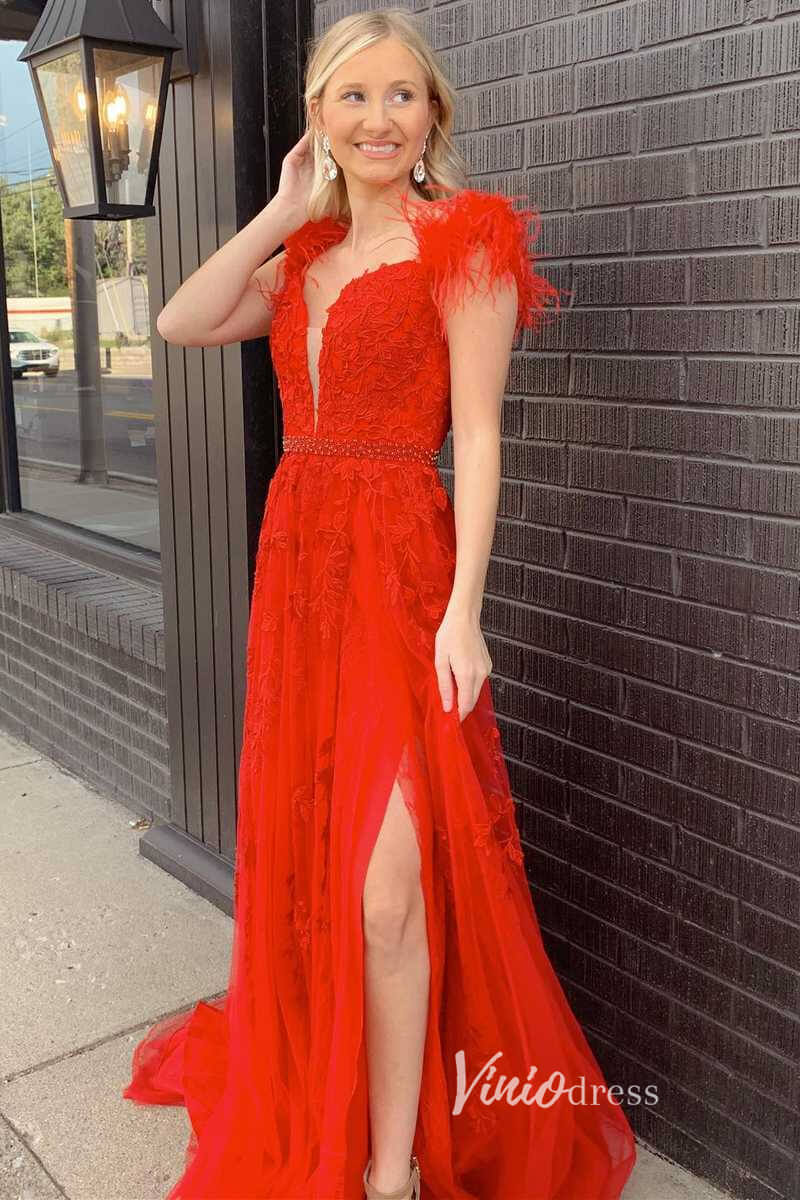 Prom Dress 2025 Red Lace Applique Prom Dresses with Slit Feather Plunging V-Neck Formal Gown FD1247D-unique prom dresses-Red-Custom Size-Viniodress