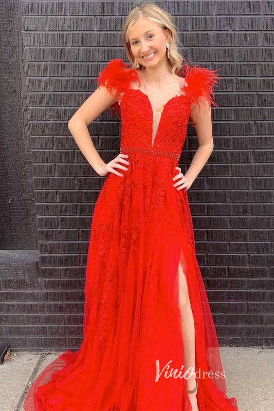 Prom Dress 2025 Red Lace Applique Prom Dresses with Slit Feather Plunging V-Neck Formal Gown FD1247D-unique prom dresses-Red-Custom Size-Viniodress