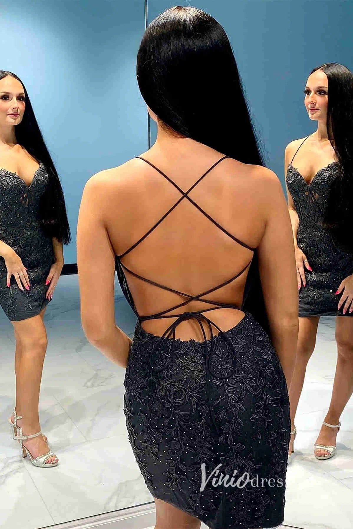 Red Lace Appliqued Tight Homecoming Dresses Spaghetti Strap Cocktail Dress SD1240-Homecoming Dresses 2025 -Viniodress-Black-Custom Size-