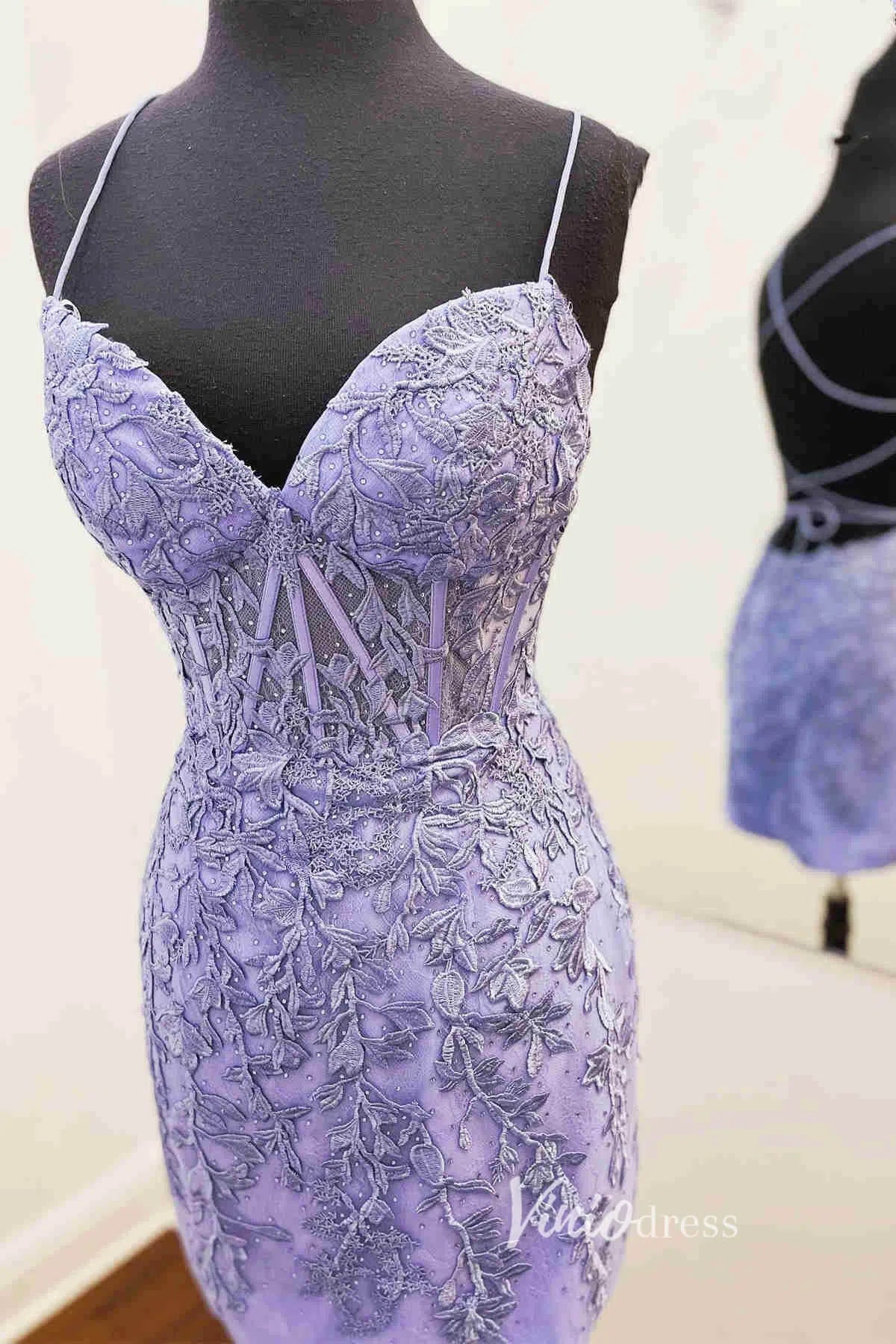 Red Lace Appliqued Tight Homecoming Dresses Spaghetti Strap Cocktail Dress SD1240-Homecoming Dresses 2025 -Viniodress-Lavender-Custom Size-