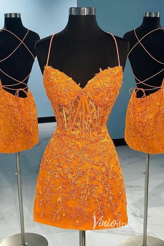 Red Lace Appliqued Tight Homecoming Dresses Spaghetti Strap Cocktail Dress SD1240-Homecoming Dresses 2025 -Viniodress-Orange-Custom Size-