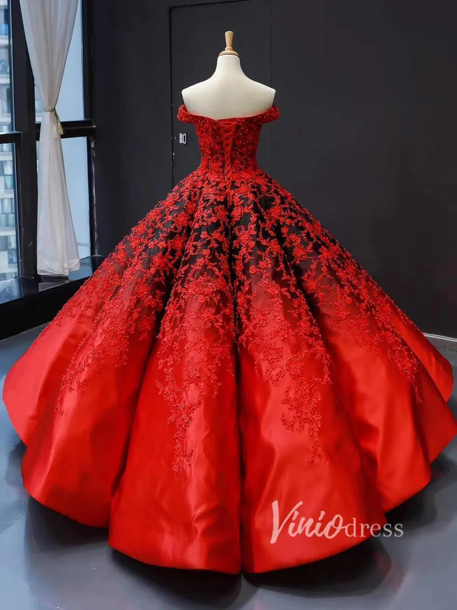 Red Lace Ball Gown Prom Dresses Off the Shoulder Quinceanera Dress 66842 viniodress-prom dresses 2025 -Viniodress-Red-Custom Size-