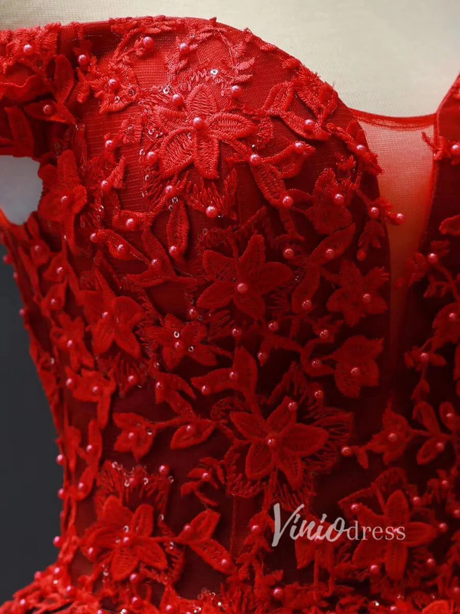 Red Lace Ball Gown Prom Dresses Off the Shoulder Quinceanera Dress 66842 viniodress-prom dresses 2025 -Viniodress-Red-Custom Size-