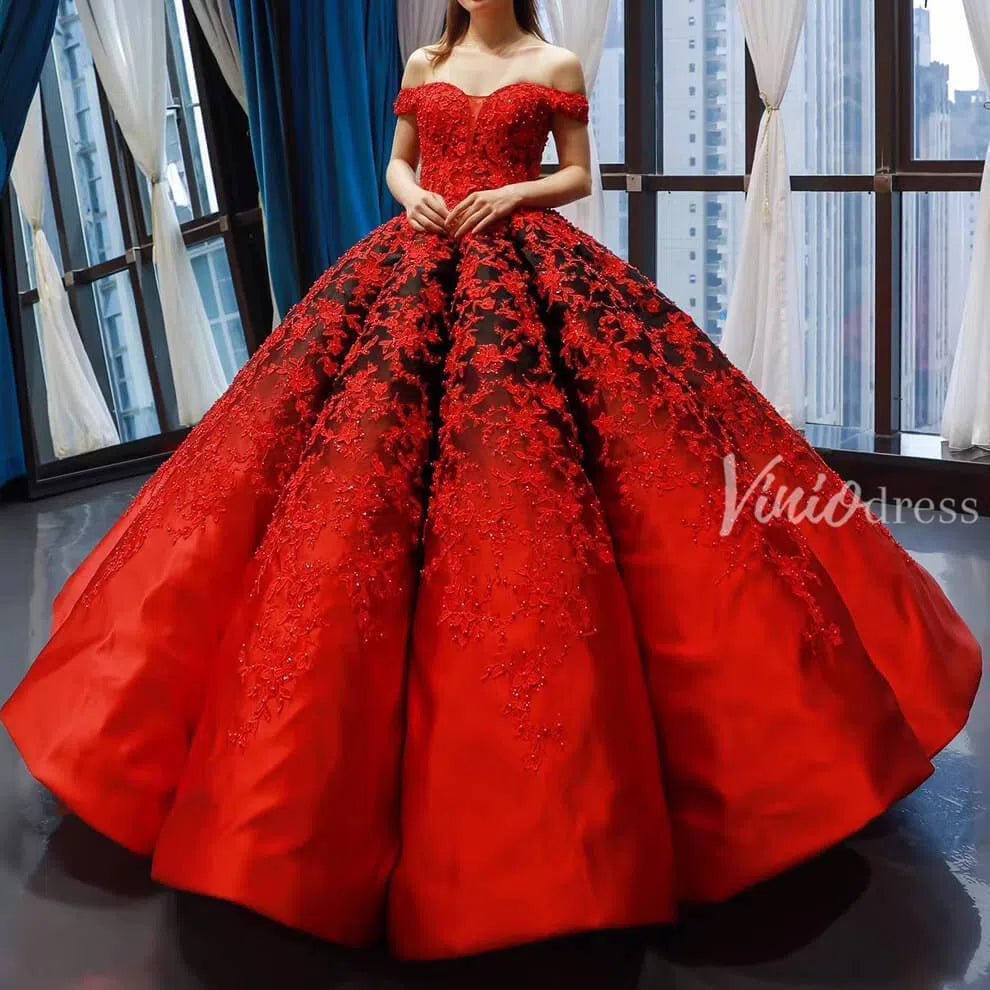 Red Lace Ball Gown Prom Dresses Off the Shoulder Quinceanera Dress 66842 viniodress-prom dresses 2025 -Viniodress-Red-Custom Size-