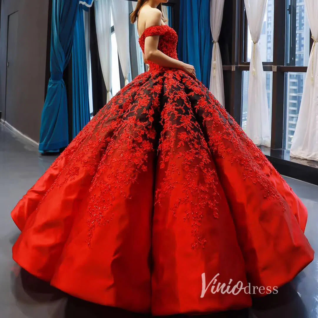 Prom Dress 2025 Red Lace Ball Gown Prom Dresses Off the Shoulder Quinceanera Dress 66842 viniodress-unique prom dresses-Red-Custom Size-Viniodress