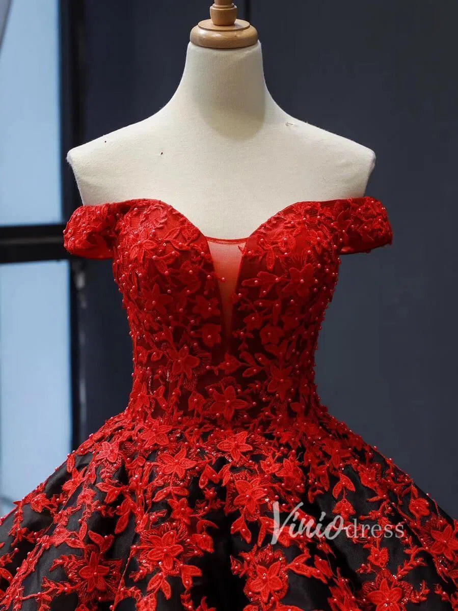 Prom Dress 2025 Red Lace Ball Gown Prom Dresses Off the Shoulder Quinceanera Dress 66842 viniodress-unique prom dresses-Red-Custom Size-Viniodress