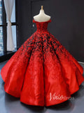 Red Lace Ball Gown Prom Dresses Off the Shoulder Quinceanera Dress 66842 viniodress-prom dresses-Viniodress-Viniodress