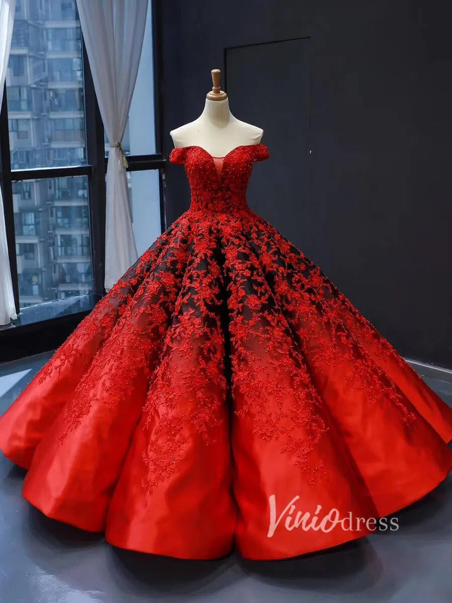 Prom Dress 2025 Red Lace Ball Gown Prom Dresses Off the Shoulder Quinceanera Dress 66842 viniodress-unique prom dresses-Red-Custom Size-Viniodress