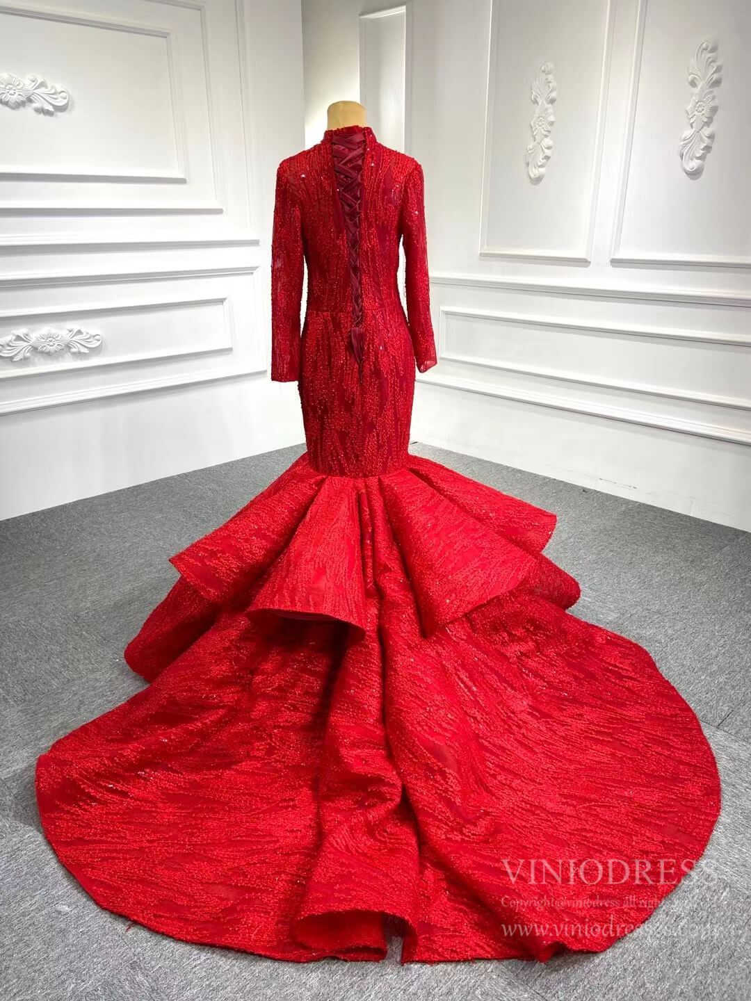 Red Lace High Neck Trumpet Dresses Long Sleeve Muslim Mermaid Gown FD1381B-prom dresses 2025 -Viniodress-Red-Custom Size-
