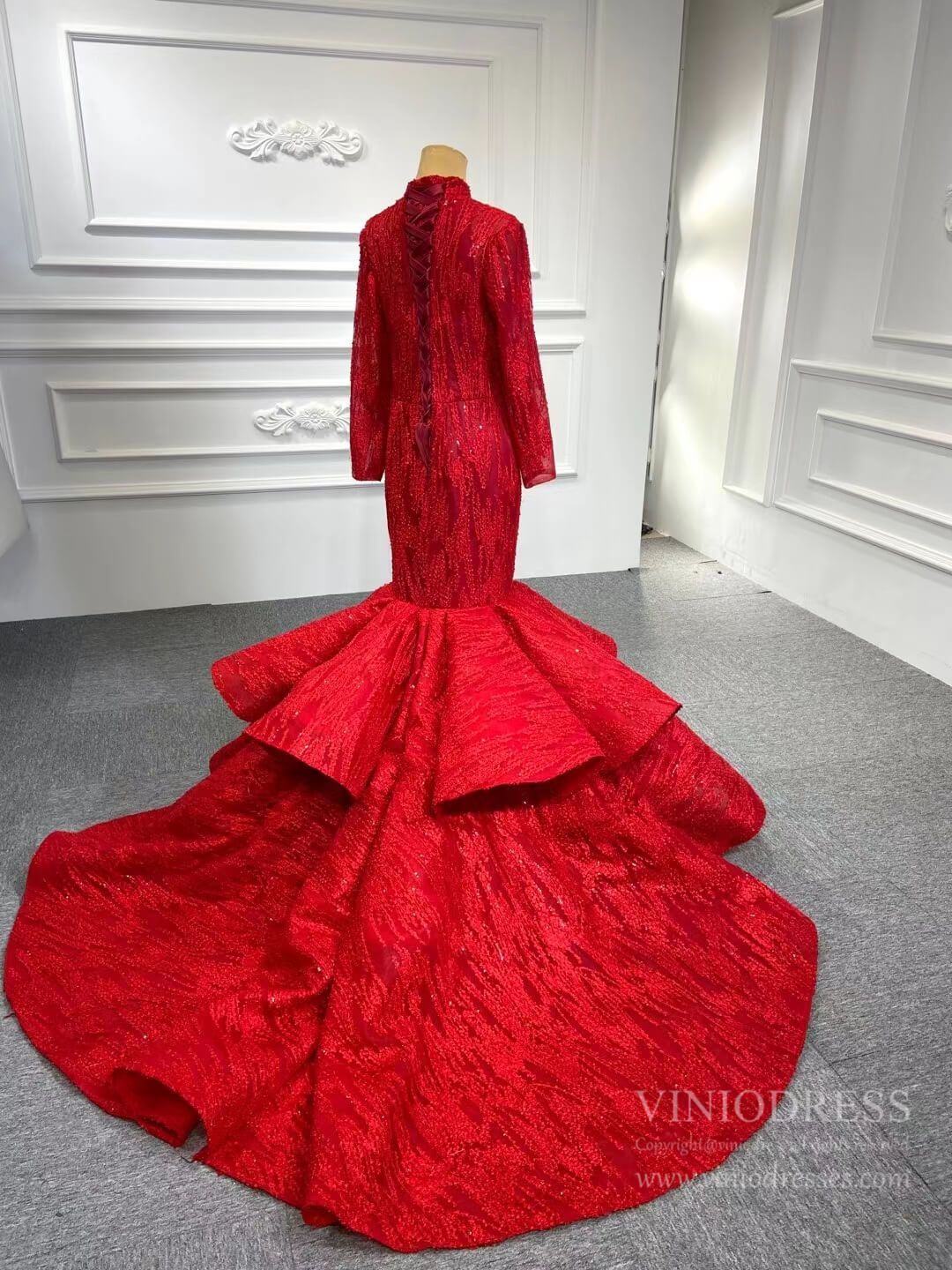 Red Lace High Neck Trumpet Dresses Long Sleeve Muslim Mermaid Gown FD1381B-prom dresses 2025 -Viniodress-Red-Custom Size-