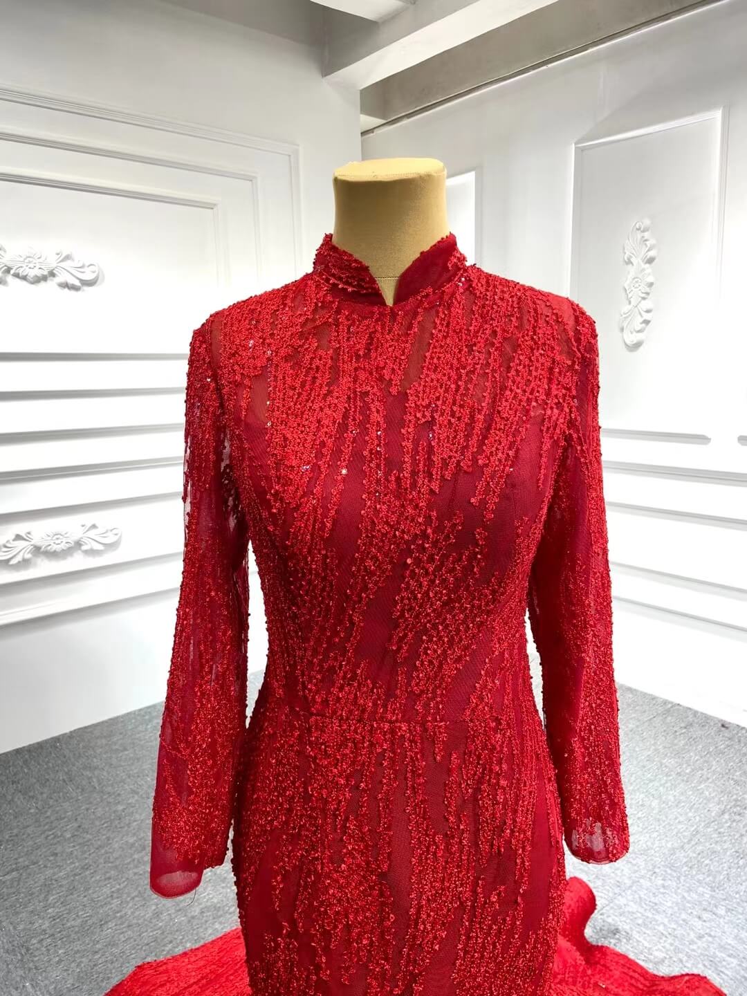 Red Lace High Neck Trumpet Dresses Long Sleeve Muslim Mermaid Gown FD1381B-prom dresses 2025 -Viniodress-Red-Custom Size-