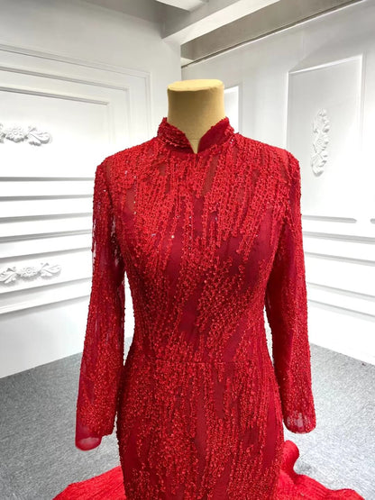 Red Lace High Neck Trumpet Dresses Long Sleeve Muslim Mermaid Gown FD1381B-prom dresses 2025 -Viniodress-Red-Custom Size-