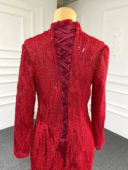 Red Lace High Neck Trumpet Dresses Long Sleeve Muslim Mermaid Gown FD1381B-prom dresses 2025 -Viniodress-Red-Custom Size-