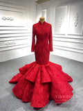 Red Lace High Neck Trumpet Dresses Long Sleeve Muslim Mermaid Gown FD1381B