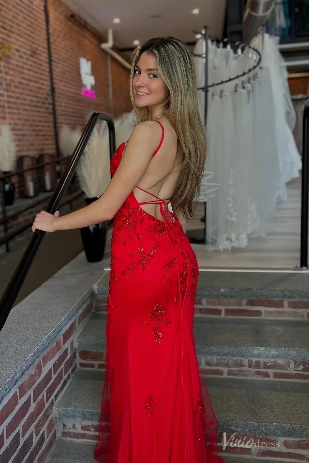 Red Beaded Lace Mermaid Prom Dress with Open Lace-Up Back SS206 Viniodress Red Beaded Lace Mermaid Prom Dress with Open Lace-Up Back SS206 Viniodress