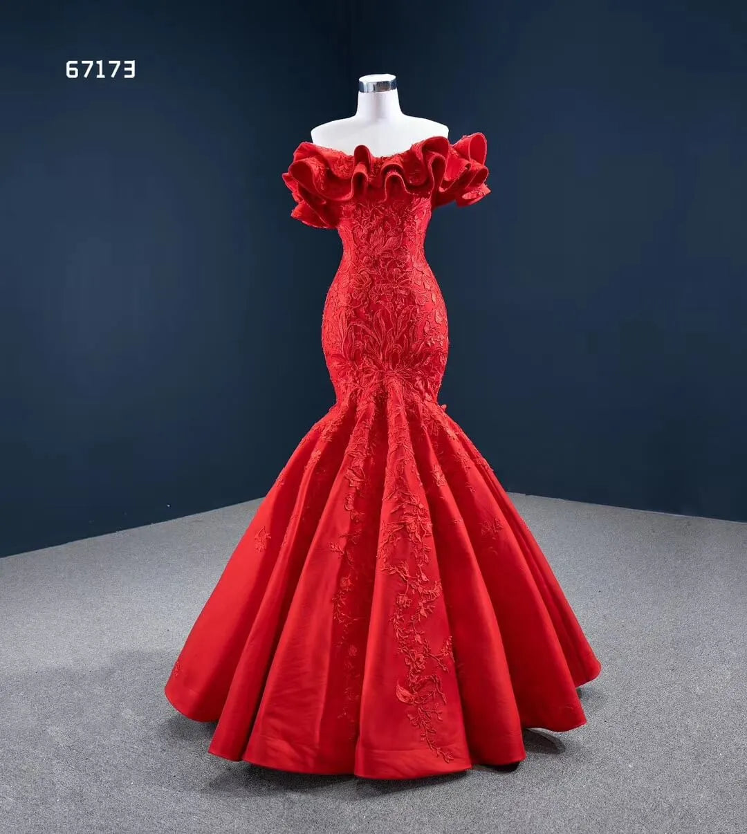 Red Lace Mermaid Wedding Dresses Off the Shoulder Trumpet Pageant Dress 67173 viniodress-prom dresses 2025 -Viniodress-Red-Custom Size-