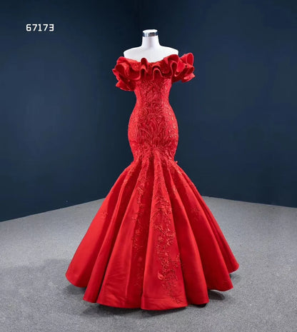 Red Lace Mermaid Wedding Dresses Off the Shoulder Trumpet Pageant Dress 67173 viniodress-prom dresses 2025 -Viniodress-Red-Custom Size-