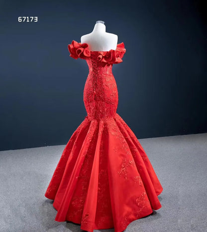 Red Lace Mermaid Wedding Dresses Off the Shoulder Trumpet Pageant Dress 67173 viniodress-prom dresses 2025 -Viniodress-Red-Custom Size-