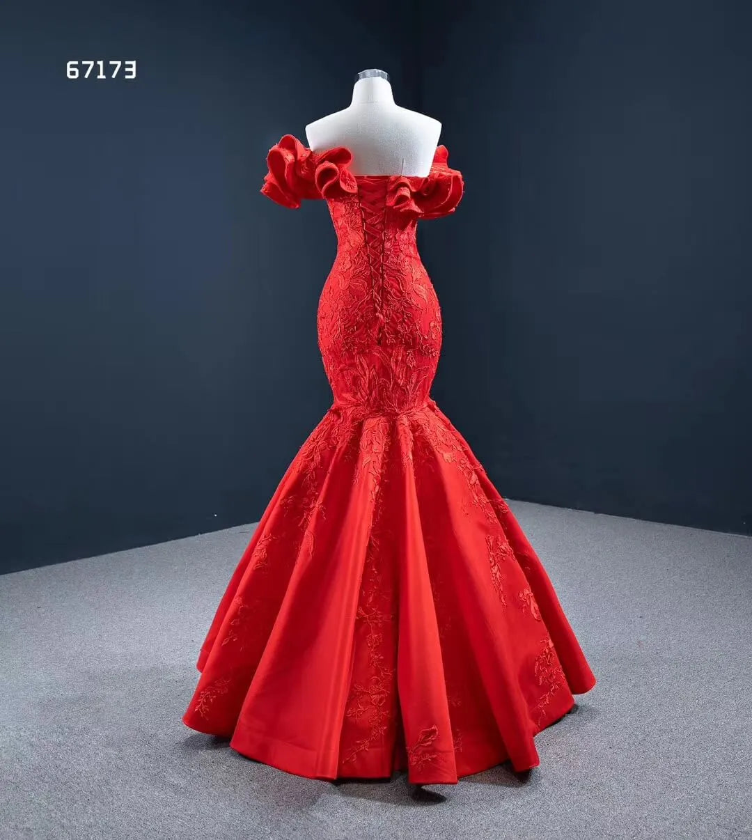 Red Lace Mermaid Wedding Dresses Off the Shoulder Trumpet Pageant Dress 67173 viniodress-prom dresses 2025 -Viniodress-Red-Custom Size-