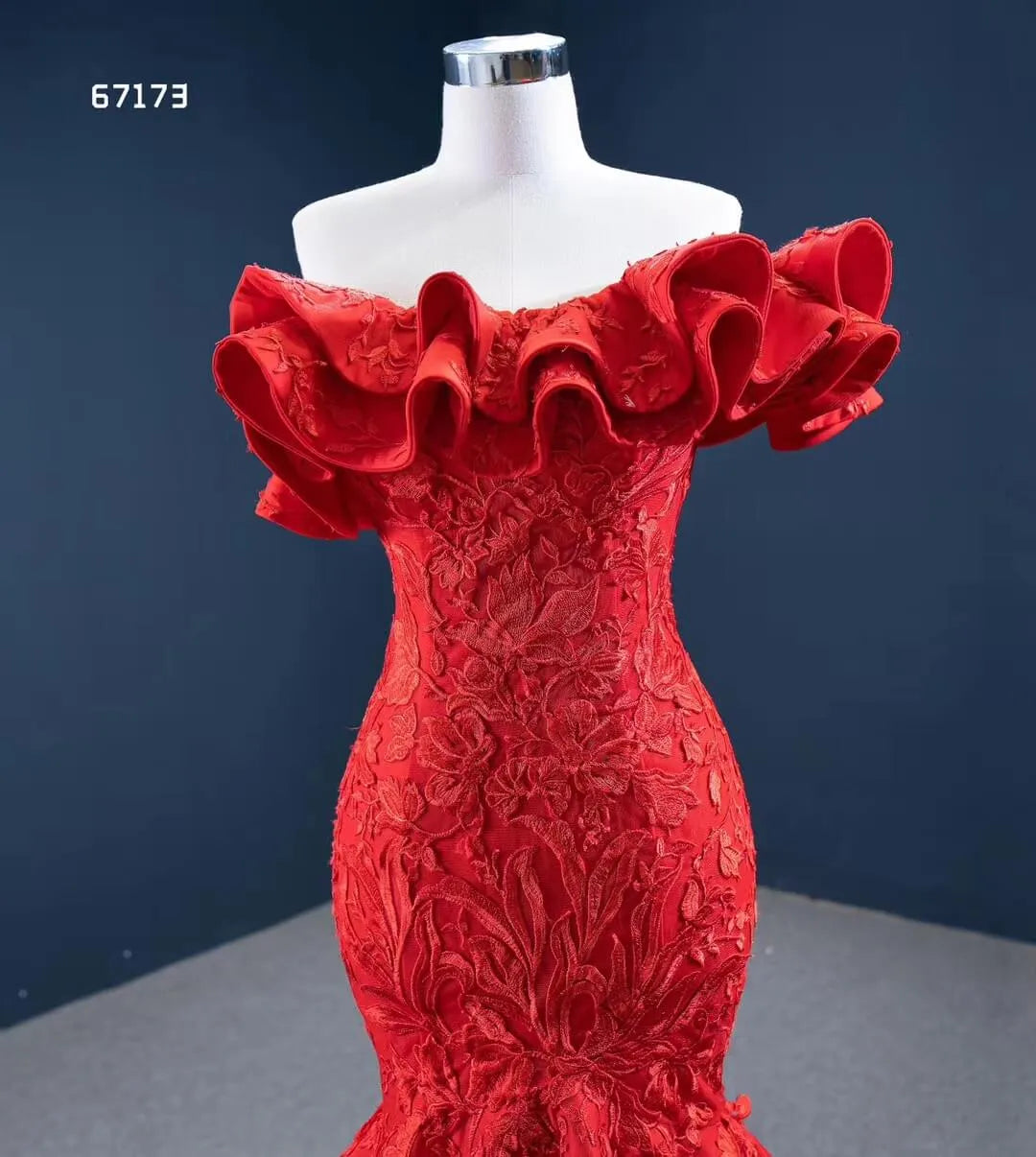 Red Lace Mermaid Wedding Dresses Off the Shoulder Trumpet Pageant Dress 67173 viniodress-prom dresses 2025 -Viniodress-Red-Custom Size-