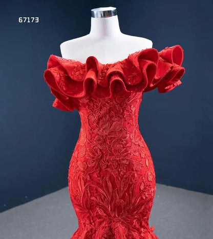 Red Lace Mermaid Wedding Dresses Off the Shoulder Trumpet Pageant Dress 67173 viniodress-prom dresses 2025 -Viniodress-Red-Custom Size-