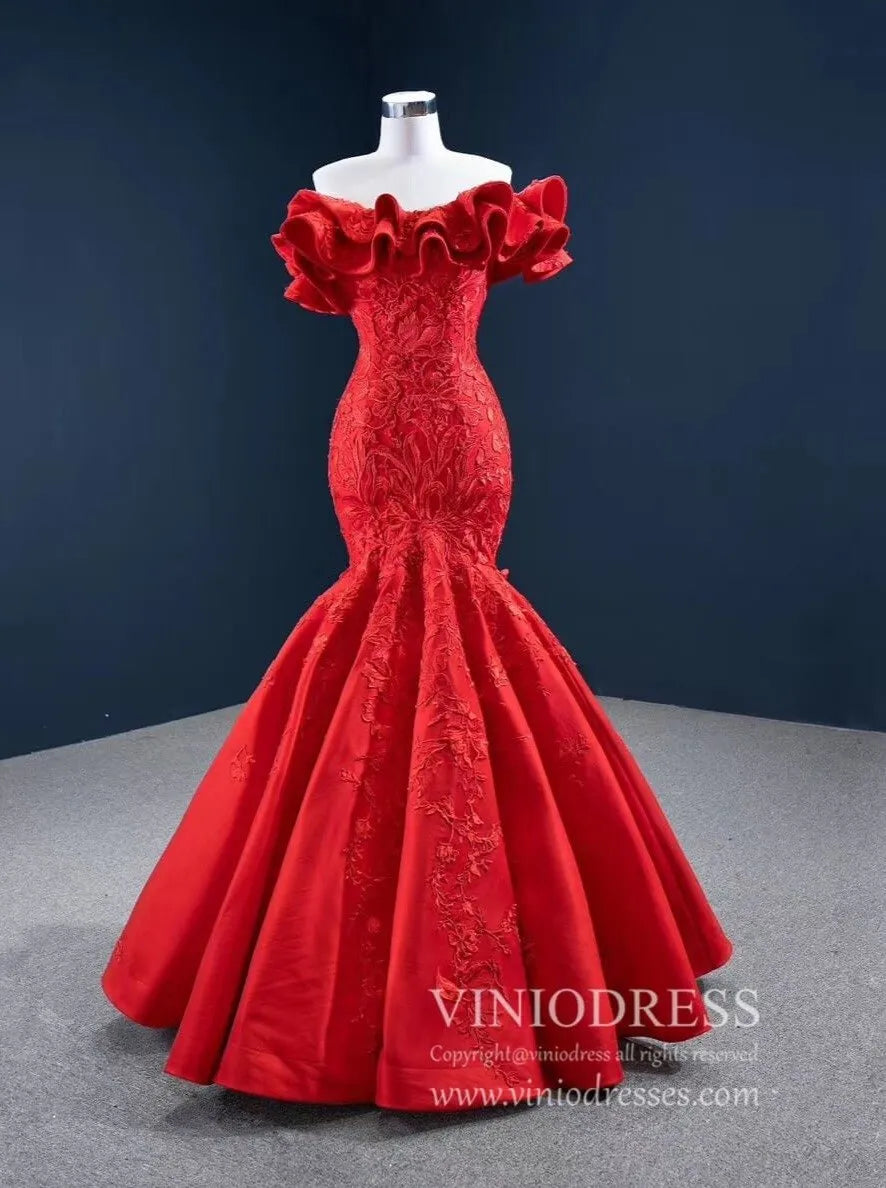 Red Lace Mermaid Wedding Dresses Off the Shoulder Trumpet Pageant Dress 67173 viniodress-prom dresses 2025 -Viniodress-Red-Custom Size-