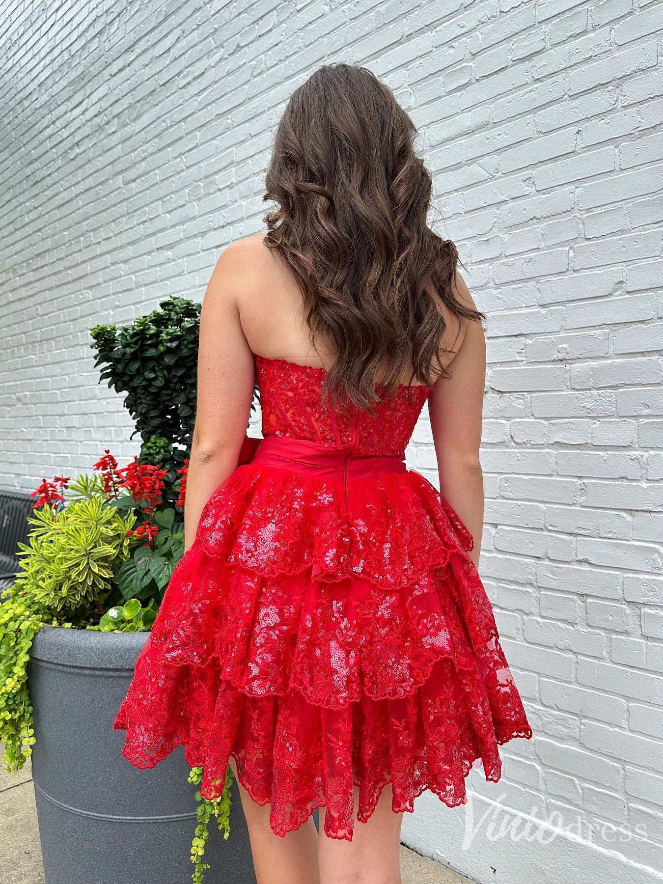 Red Lace Tiered Homecoming Dress with Big Bow – Style SD1703-prom dresses 2025 -Viniodress-Red-Custom Size-