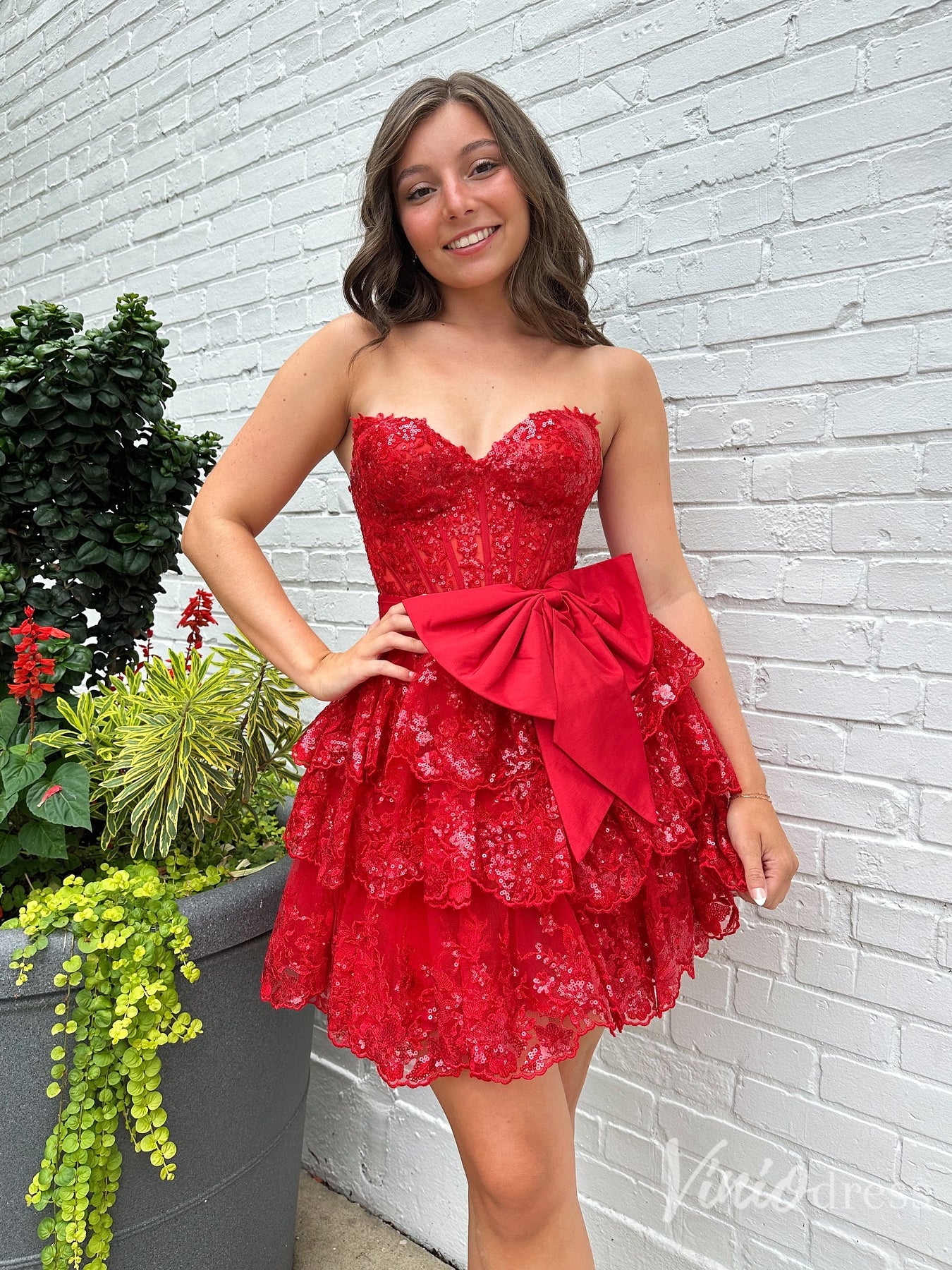 Red Lace Tiered Homecoming Dress with Big Bow – Style SD1703-prom dresses 2025 -Viniodress-Red-Custom Size-