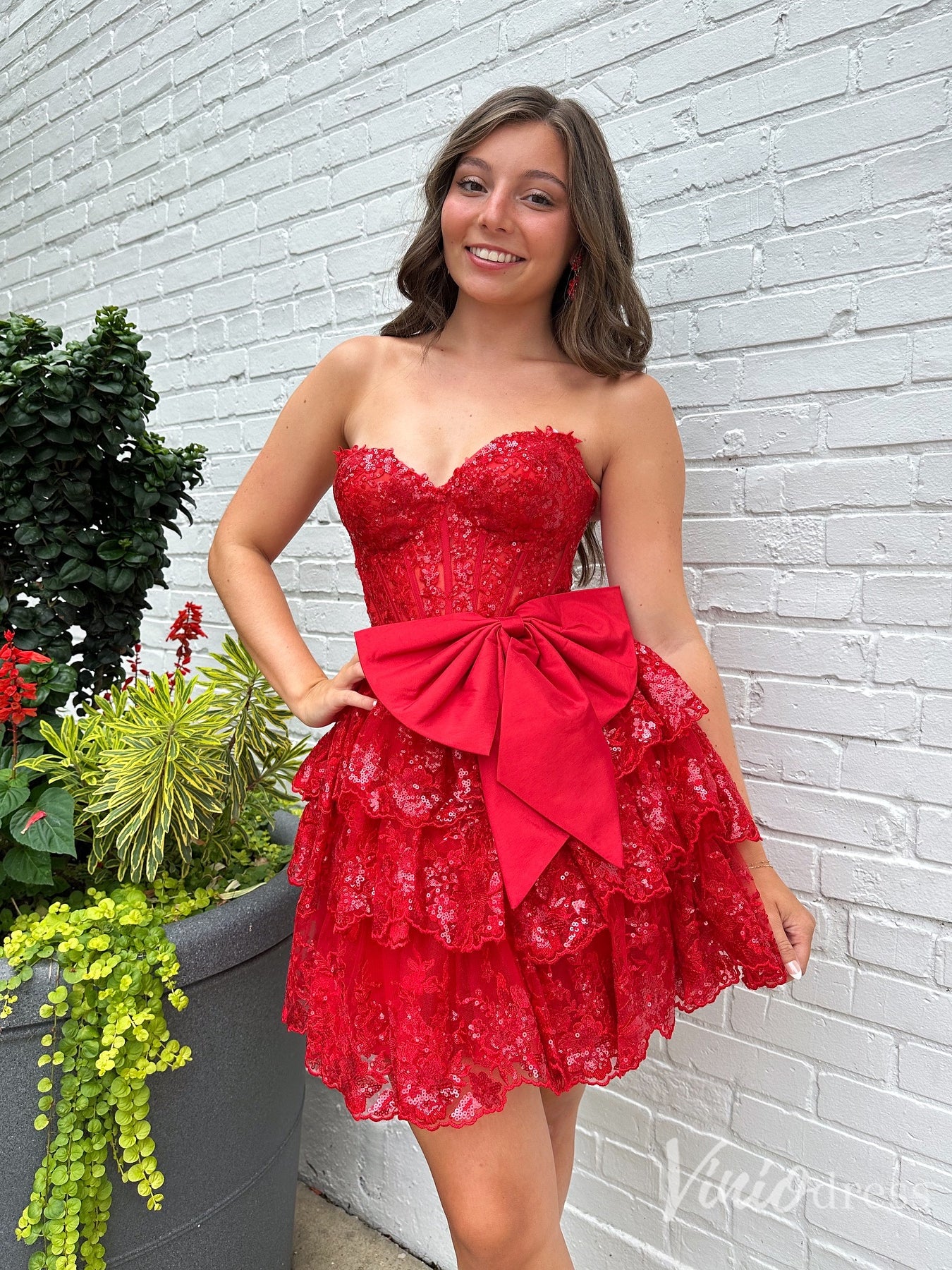 Red Lace Tiered Homecoming Dress with Big Bow – Style SD1703-prom dresses 2025 -Viniodress-Red-Custom Size-