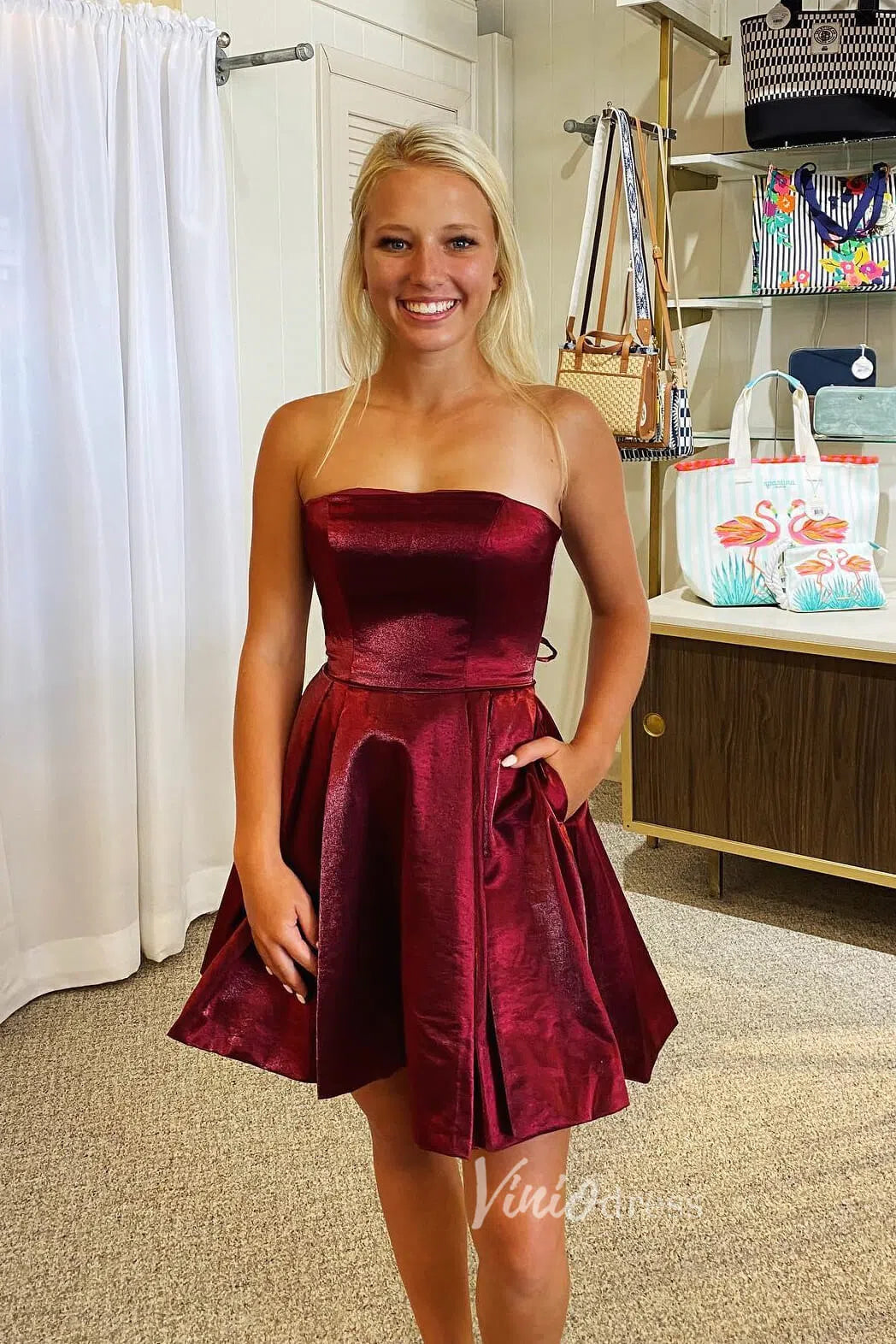 slim fit dress slacks Red Lace Up Strapless Homecoming Dresses with Pockets SD1189 – Viniodress