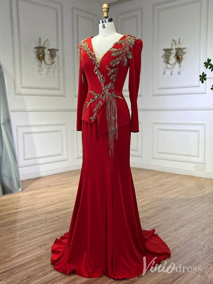 Red Long Sleeve Satin Mother of the Bride Dress Beaded Lace V-Neck Prom Dresses AD1243-Evening Dresses 2025 -Viniodress-Red-US 2-