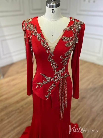 Red Long Sleeve Satin Mother of the Bride Dress Beaded Lace V-Neck Prom Dresses AD1243-Evening Dresses 2025 -Viniodress-Red-US 2-