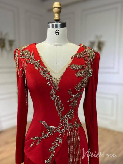Red Long Sleeve Satin Mother of the Bride Dress Beaded Lace V-Neck Prom Dresses AD1243-Evening Dresses 2025 -Viniodress-Red-US 2-