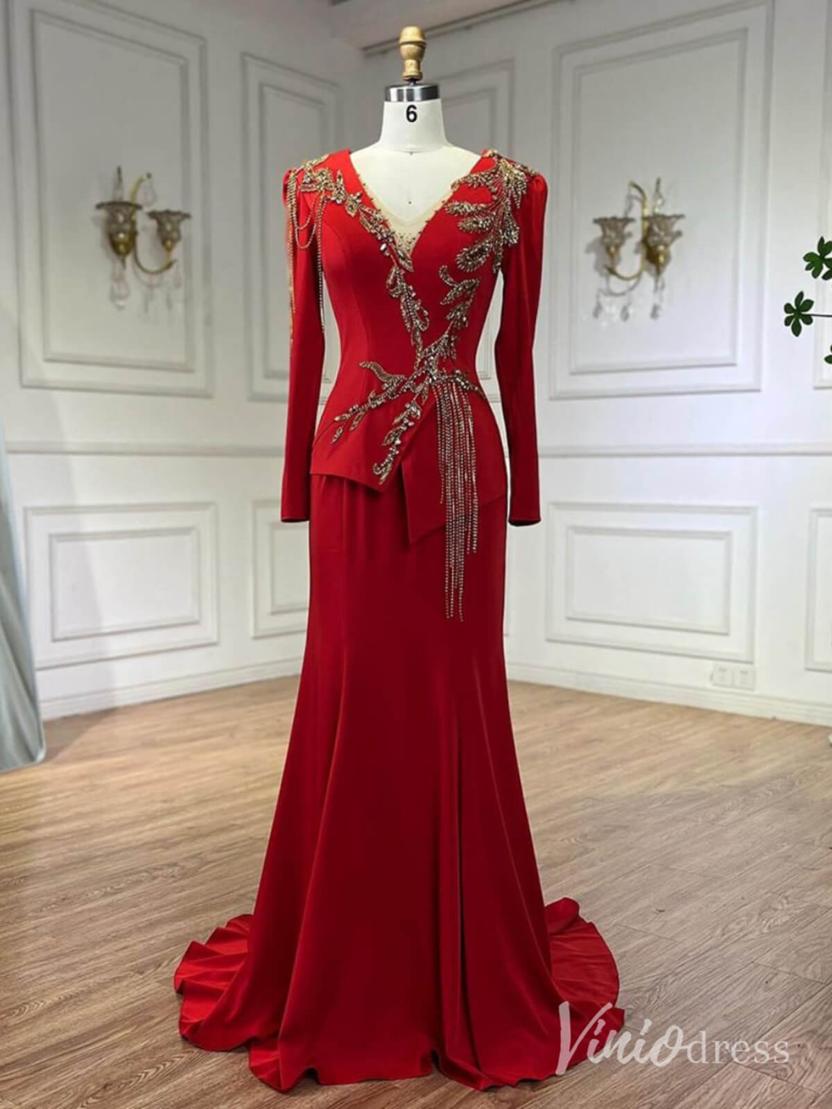 Red Long Sleeve Satin Mother of the Bride Dress Beaded Lace V-Neck Prom Dresses AD1243-Evening Dresses 2025 -Viniodress-Red-US 2-